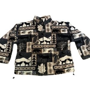 Vintage 90s Black Mountain Outdoor Plush Fleece Jacket Moose Wolf Pines, Size XL